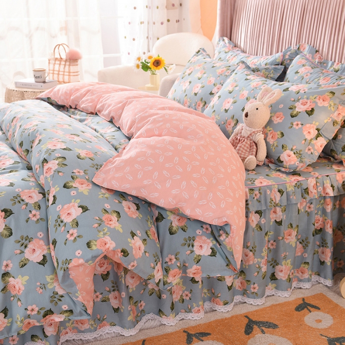 91家纺网 家纺一手货源 找家纺 美达2025全棉蕾丝小花边单层床裙四件套 满园春