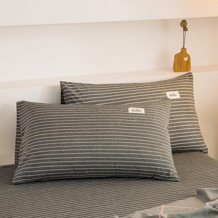 柠萌2021新款全棉色织水洗棉枕套 中条纹深灰（一对）