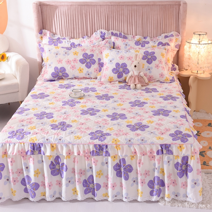 91家纺网 家纺一手货源 找家纺 美达 2025全棉蕾丝小花边夹棉床裙 芳草悠悠