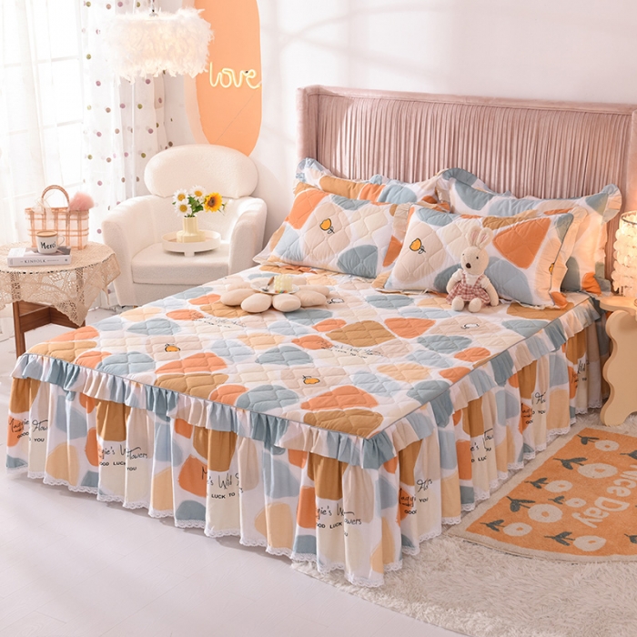 91家纺网 家纺一手货源 找家纺 美达 2025全棉蕾丝小花边夹棉床裙 雨花石