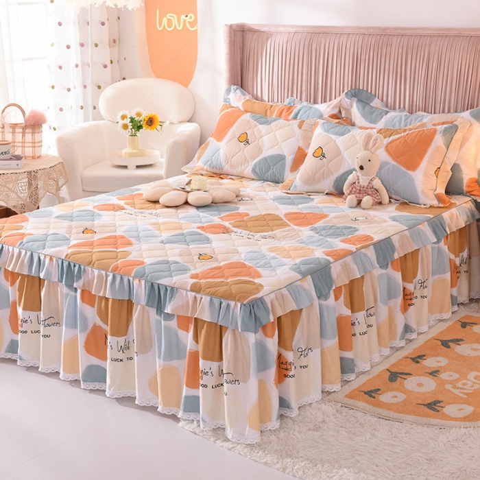 91家纺网 家纺一手货源 找家纺 美达 2025全棉蕾丝小花边夹棉床裙 雨花石