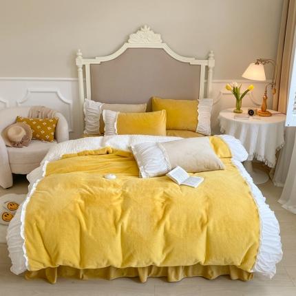 91家纺网 家纺一手货源 找家纺 漫调 2021新款荷叶边兔兔绒韩版四件套 黄