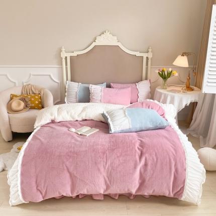 91家纺网 家纺一手货源 找家纺 漫调 2021新款荷叶边兔兔绒韩版四件套 马卡龙粉