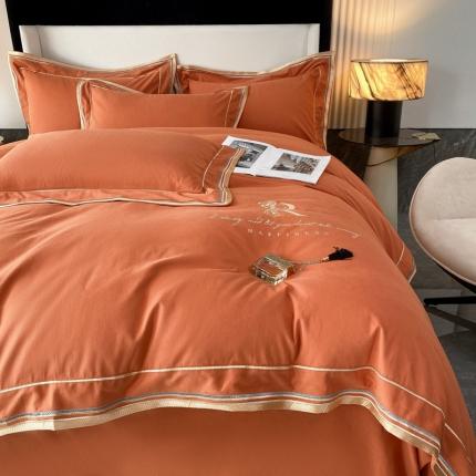 91家纺网 家纺一手货源 找家纺 2021秋冬简约新品160支加厚纯棉磨毛刺绣四件套简尚焦糖卡