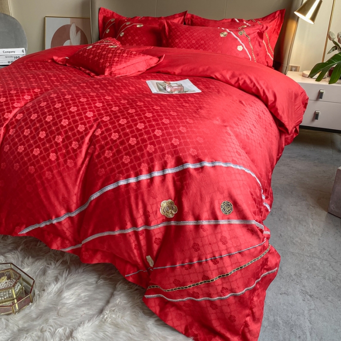 91家纺网 家纺一手货源 找家纺 安妮家居2021新款山茶全棉提花四件套 山茶花-大红