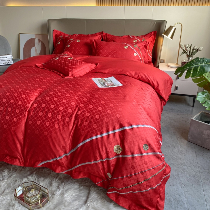 91家纺网 家纺一手货源 找家纺 安妮家居2021新款山茶全棉提花四件套 山茶花-大红