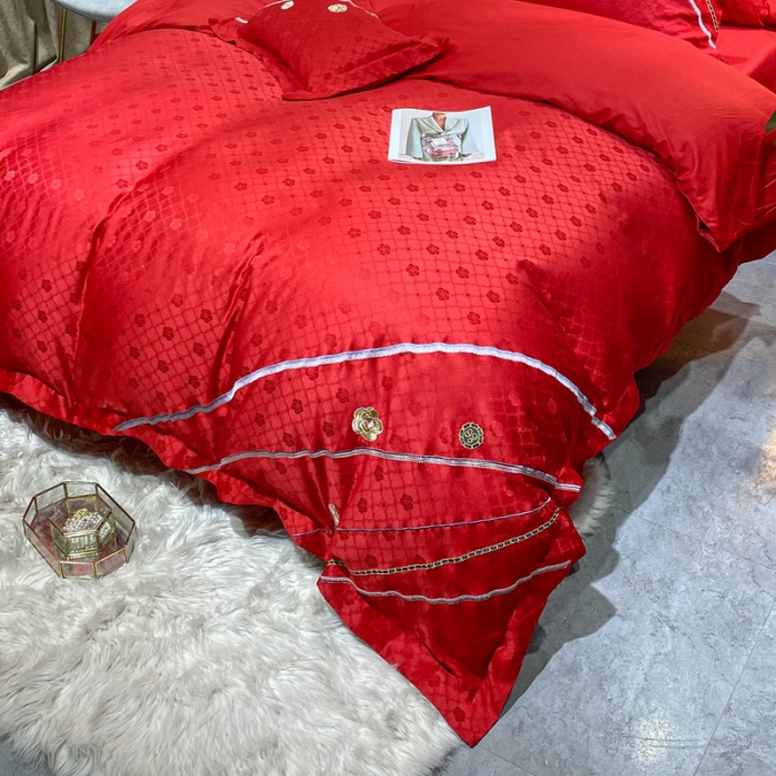 91家纺网 家纺一手货源 找家纺 安妮家居2021新款山茶全棉提花四件套 山茶花-大红