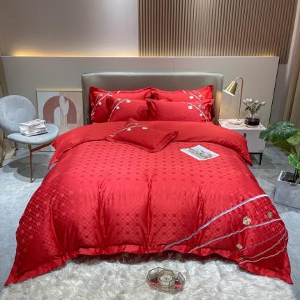 安妮家居2021新款山茶全棉提花四件套 山茶花-大红