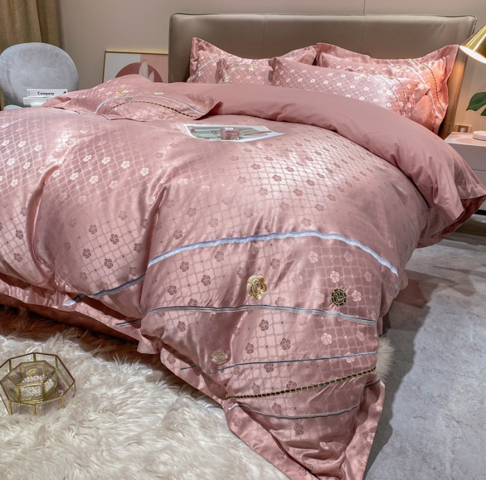 91家纺网 家纺一手货源 找家纺 安妮家居2021新款山茶全棉提花四件套 山茶花-粉豆沙