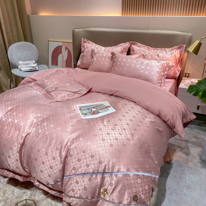 91家纺网 家纺一手货源 找家纺 安妮家居2021新款山茶全棉提花四件套 山茶花-粉豆沙