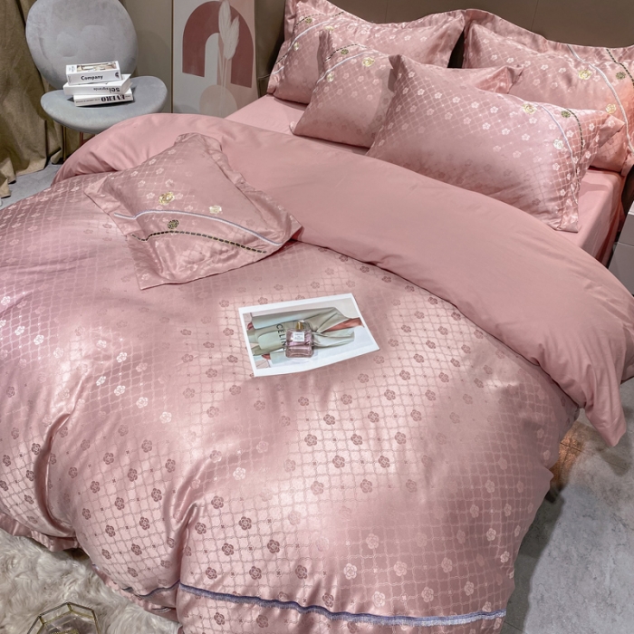 91家纺网 家纺一手货源 找家纺 安妮家居2021新款山茶全棉提花四件套 山茶花-粉豆沙