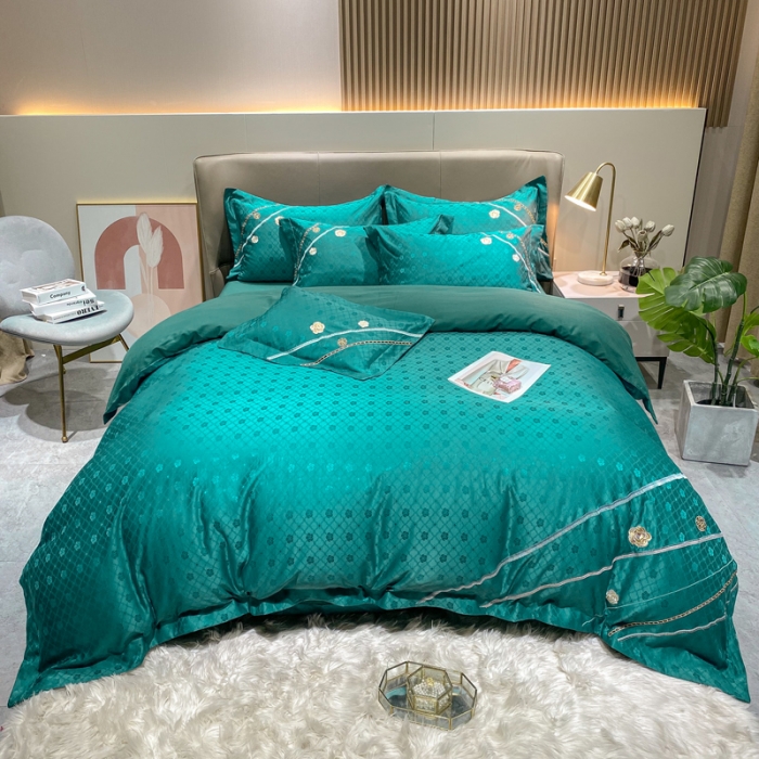 91家纺网 家纺一手货源 找家纺 安妮家居2021新款山茶全棉提花四件套 山茶花-墨绿