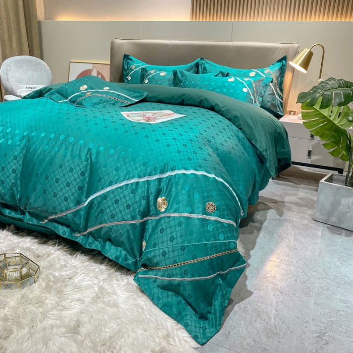 91家纺网 家纺一手货源 找家纺 安妮家居2021新款山茶全棉提花四件套 山茶花-墨绿