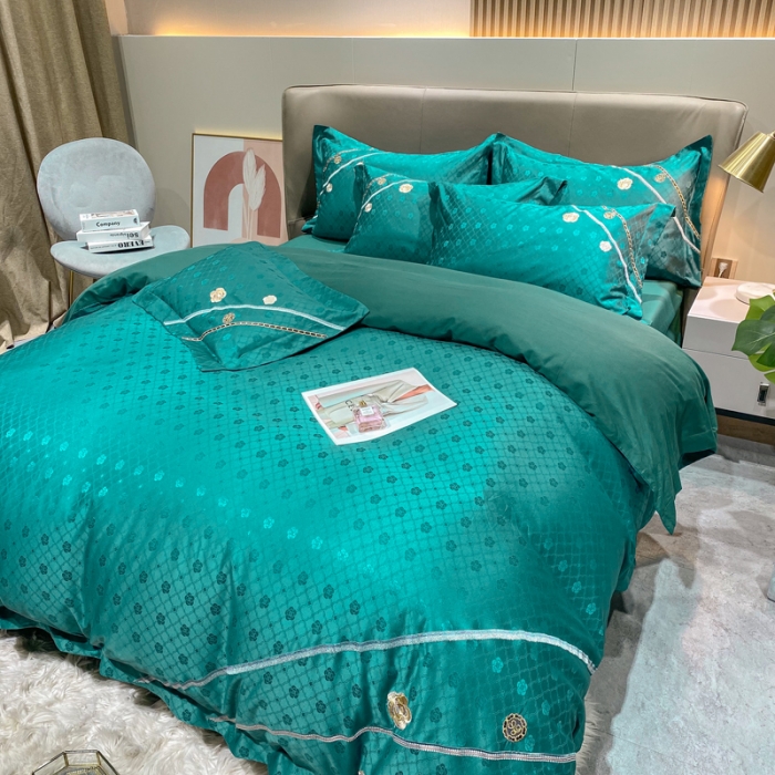 91家纺网 家纺一手货源 找家纺 安妮家居2021新款山茶全棉提花四件套 山茶花-墨绿