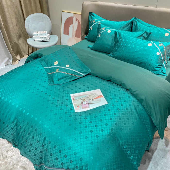 91家纺网 家纺一手货源 找家纺 安妮家居2021新款山茶全棉提花四件套 山茶花-墨绿