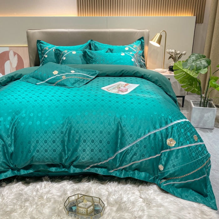 91家纺网 家纺一手货源 找家纺 安妮家居2021新款山茶全棉提花四件套 山茶花-墨绿