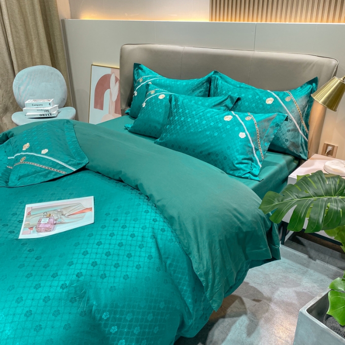 91家纺网 家纺一手货源 找家纺 安妮家居2021新款山茶全棉提花四件套 山茶花-墨绿