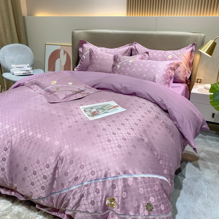 91家纺网 家纺一手货源 找家纺 安妮家居2021新款山茶全棉提花四件套 山茶花-紫色