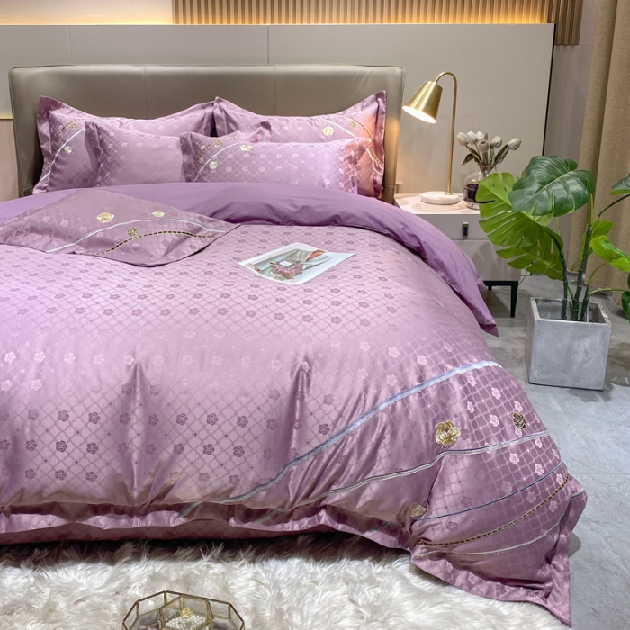 91家纺网 家纺一手货源 找家纺 安妮家居2021新款山茶全棉提花四件套 山茶花-紫色