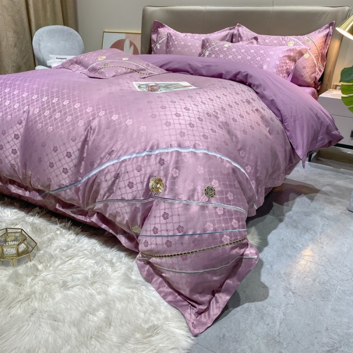 91家纺网 家纺一手货源 找家纺 安妮家居2021新款山茶全棉提花四件套 山茶花-紫色