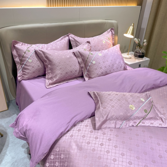 91家纺网 家纺一手货源 找家纺 安妮家居2021新款山茶全棉提花四件套 山茶花-紫色