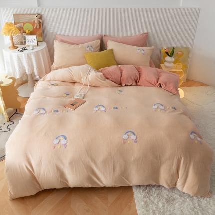 91家纺网 家纺一手货源 找家纺 兄弟坊 2021牛奶绒毛巾绣四件套 彩虹桥-粉玉