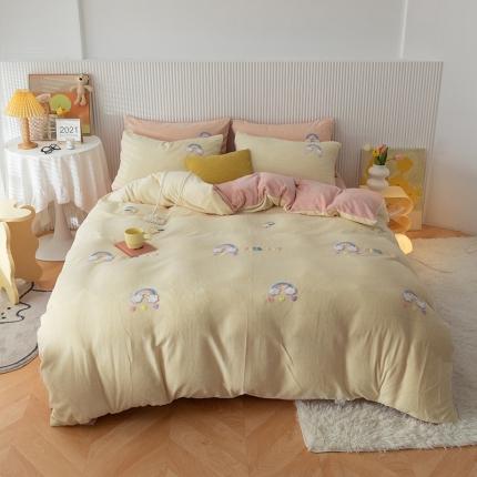 91家纺网 家纺一手货源 找家纺 兄弟坊 2021牛奶绒毛巾绣四件套 彩虹桥-米黄