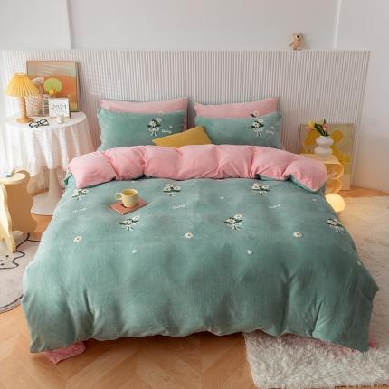 91家纺网 家纺一手货源 找家纺 兄弟坊 2021牛奶绒毛巾绣四件套 雏菊-蓝