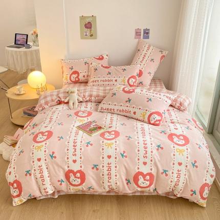 91家纺网 家纺一手货源 找家纺 雅居纺 2022新款印花牛奶绒四件套 蝴蝶结小兔