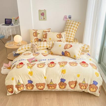 91家纺网 家纺一手货源 找家纺 雅居纺 2022新款印花牛奶绒四件套 奶酪熊