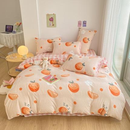 91家纺网 家纺一手货源 找家纺 雅居纺 2022新款印花牛奶绒四件套 日式橙子