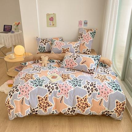 91家纺网 家纺一手货源 找家纺 雅居纺 2022新款印花牛奶绒四件套 星星豹纹