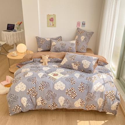 雅居纺 2022新款印花牛奶绒四件套 爱心豹纹灰