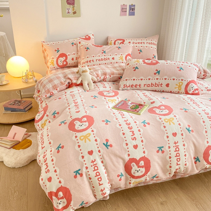 91家纺网 家纺一手货源 找家纺 雅居纺 2022新款印花牛奶绒四件套 蝴蝶结小兔