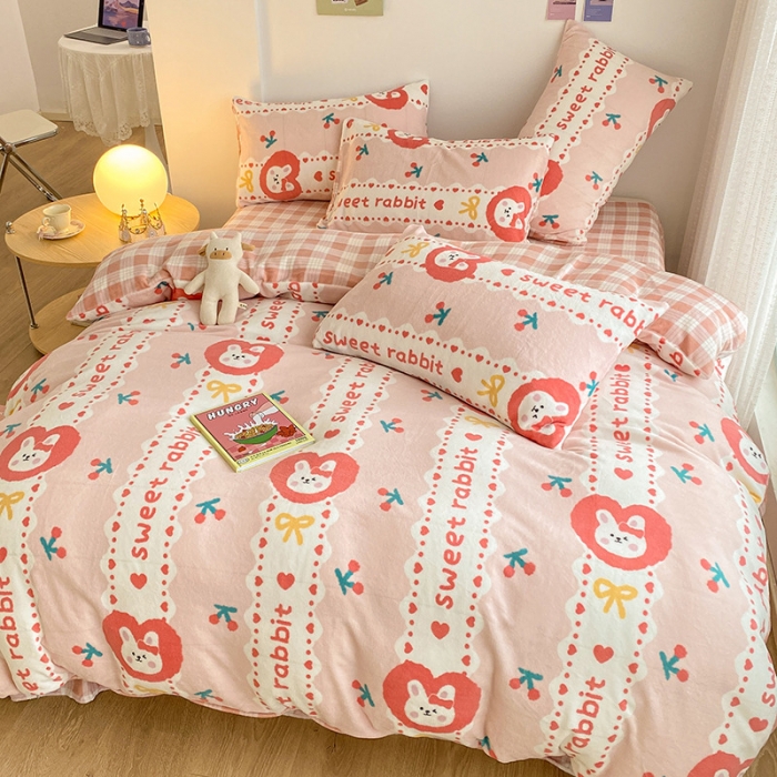 91家纺网 家纺一手货源 找家纺 雅居纺 2022新款印花牛奶绒四件套 蝴蝶结小兔