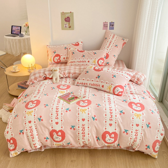 91家纺网 家纺一手货源 找家纺 雅居纺 2022新款印花牛奶绒四件套 蝴蝶结小兔