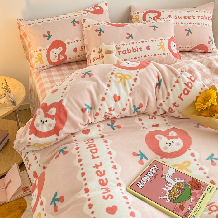 91家纺网 家纺一手货源 找家纺 雅居纺 2022新款印花牛奶绒四件套 蝴蝶结小兔