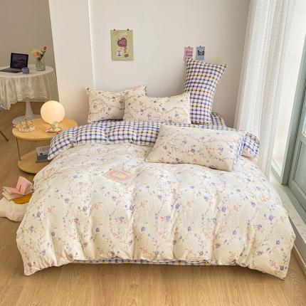 雅居纺 2022新款印花牛奶绒四件套 紫色妖姬