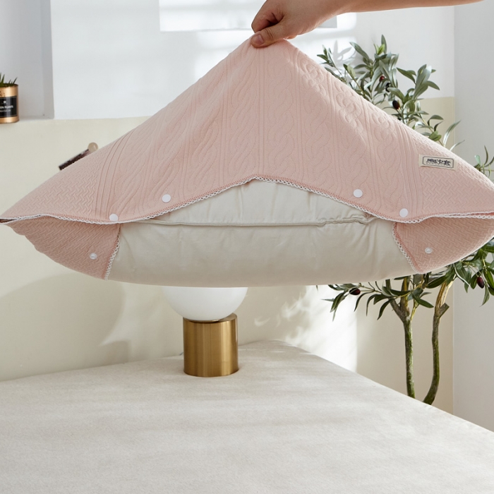 91家纺网 家纺一手货源 找家纺 朴尔 2021年半包卡扣式三层纱布魔术枕巾 50x105cm半包纯色扭花-粉