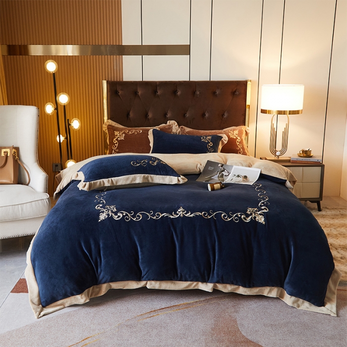 91家纺网 家纺一手货源 找家纺 骏腾 2022新款加厚牛奶绒刺绣四件套法莱绒三件套 暖心-宝兰