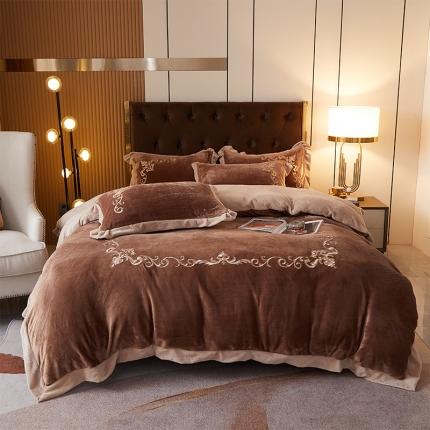 骏腾 2022新款加厚牛奶绒刺绣四件套法莱绒三件套 暖心-咖色