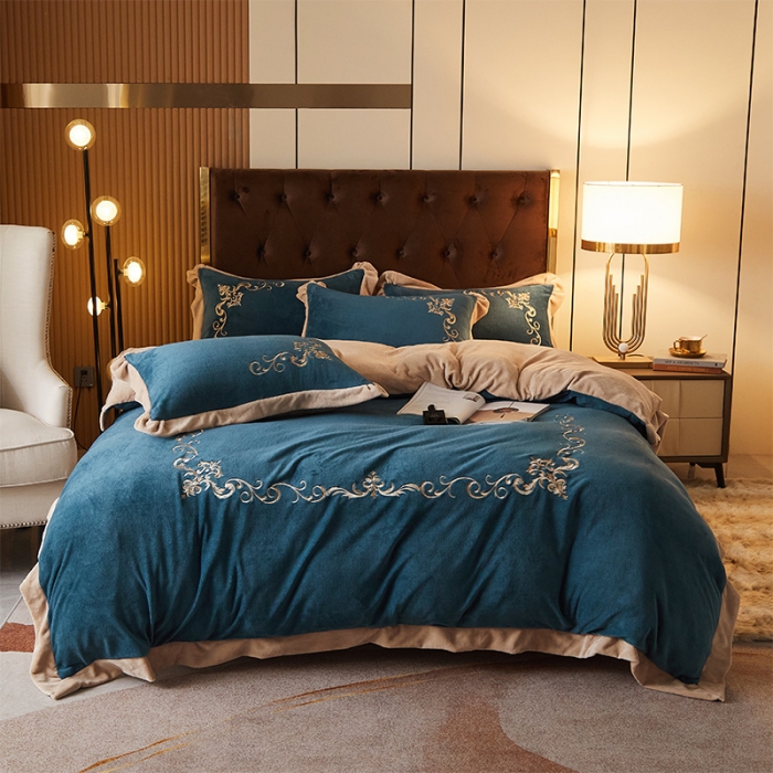 91家纺网 家纺一手货源 找家纺 骏腾 2022新款加厚牛奶绒刺绣四件套法莱绒三件套 暖心-孔雀兰