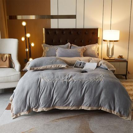 骏腾 2022新款加厚牛奶绒刺绣四件套法莱绒三件套 暖心-银灰