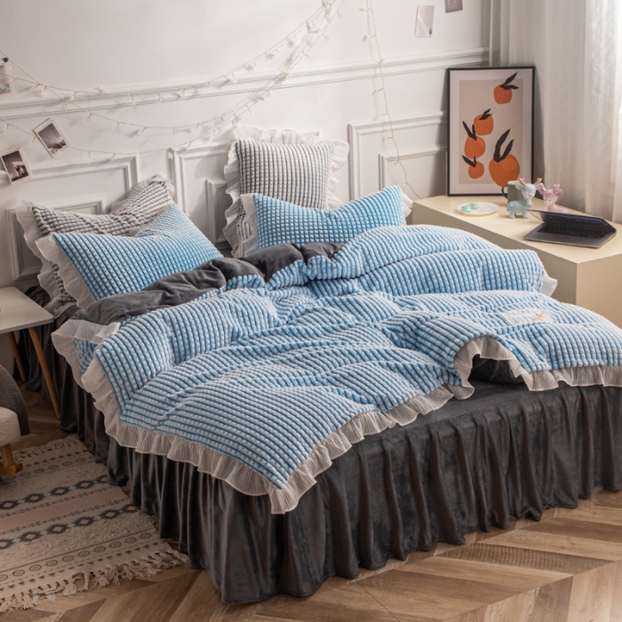 91家纺网 家纺一手货源 找家纺 潮邦2025韩版剪花牛奶绒四件套-锦华 锦华-蓝