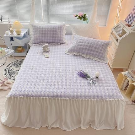 米素 2021仙气飘飘·床裙款牛奶绒床盖三件套 奶油格紫