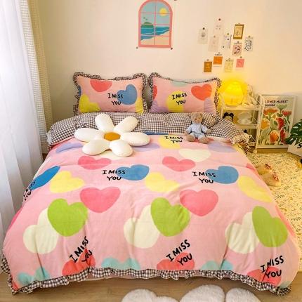 91家纺网 家纺一手货源 找家纺 (总）青竹苑2021新220克ins韩版花边牛奶绒印花四件套