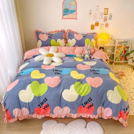 91家纺网 家纺一手货源 找家纺 (总）青竹苑2021新220克ins韩版花边牛奶绒印花四件套