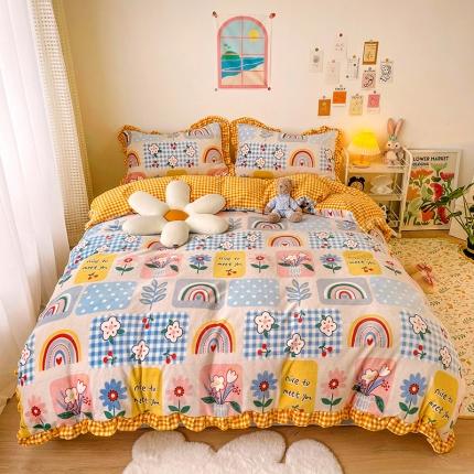 91家纺网 家纺一手货源 找家纺 (总）青竹苑2021新220克ins韩版花边牛奶绒印花四件套