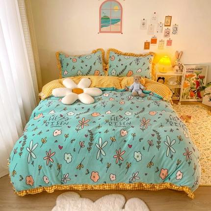 91家纺网 家纺一手货源 找家纺 (总）青竹苑2021新220克ins韩版花边牛奶绒印花四件套