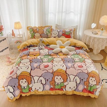 91家纺网 家纺一手货源 找家纺 (总）青竹苑2021新220克ins韩版花边牛奶绒印花四件套